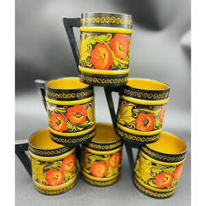 Vintage Khokhloma Russian Lacquer Set of 6 Wooden Mugs TankardsBlack Red Lacquer